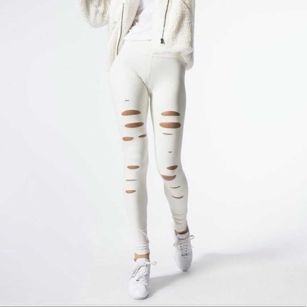 ALO Yoga Ripped Warrior Leggings White XS Cut Out Distressed High Waist Edgy